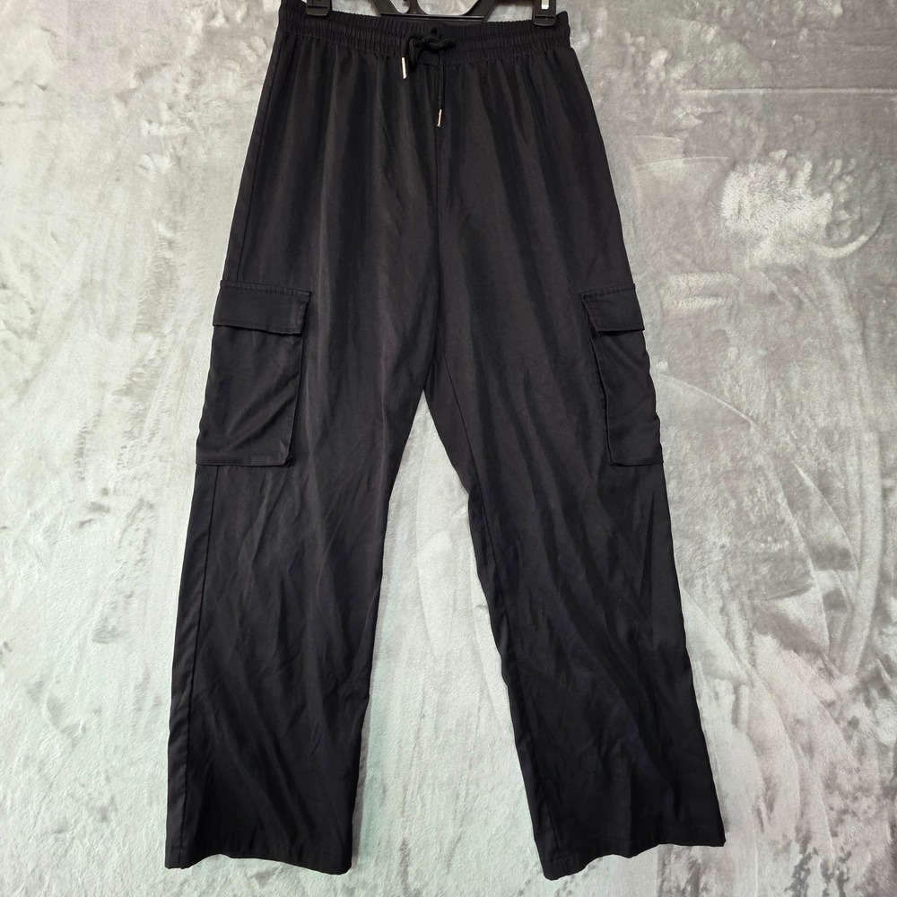 Kids Black Cargo Pants Elastic Waist Drawstring Straight Leg Size M